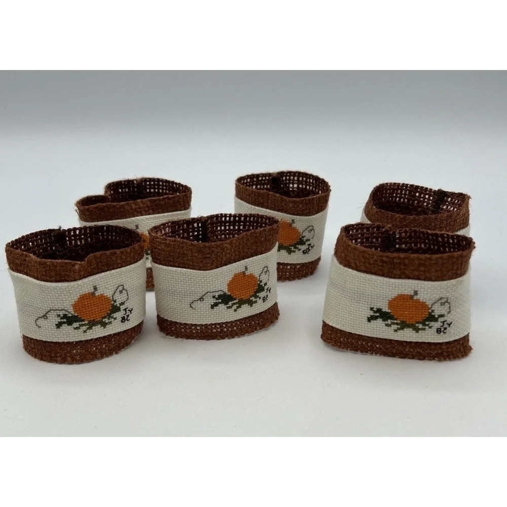 Set Of 6 Handmade Hand Cross Stitched Napkin Rings Fall Pumpkin Harvest